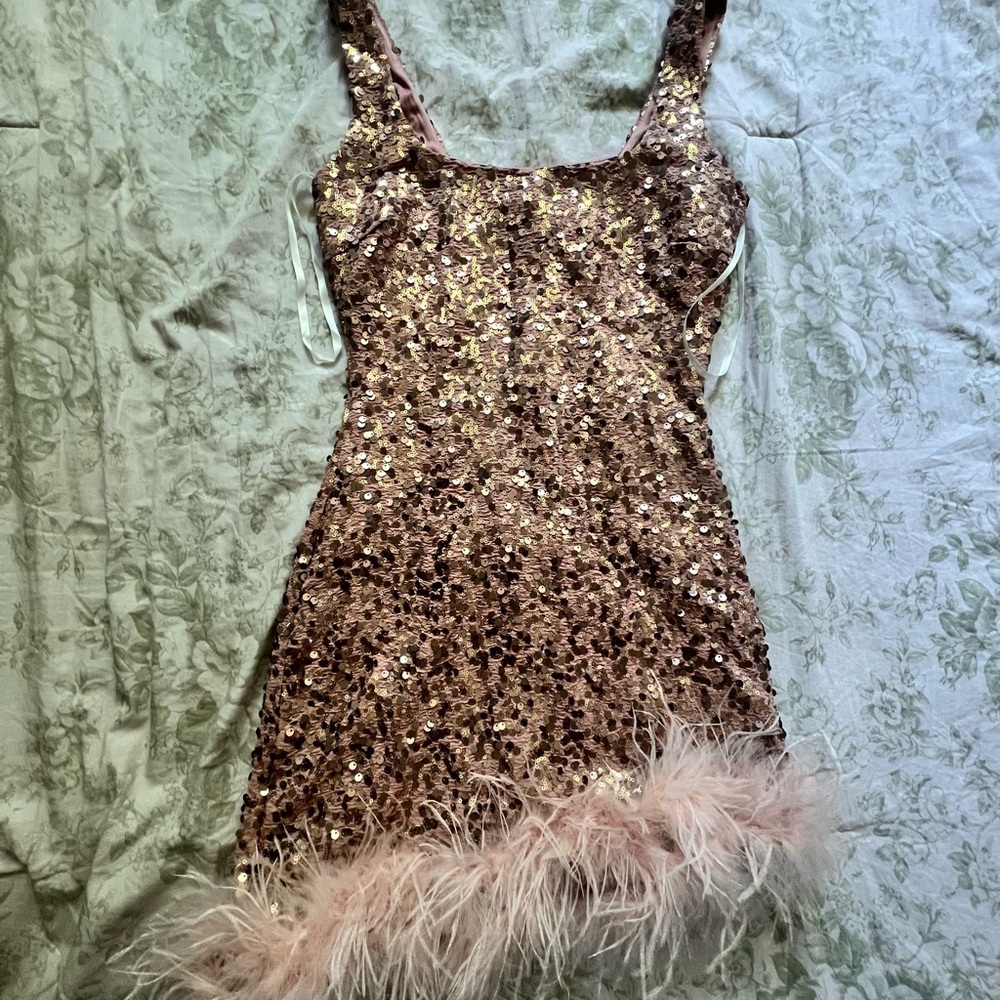 Sequin Dress with Feather Trim